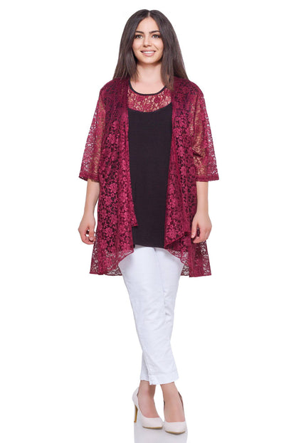 Дамска блуза и сако в бордо - дантела и еластан - официален ансамбъл в макси размери - подходящ за всички сезони - Maxi Market