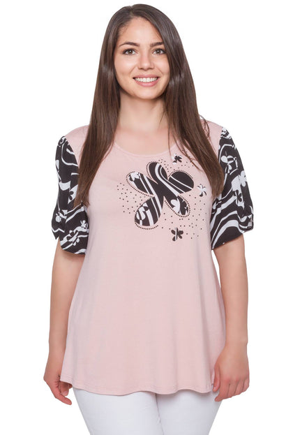 Дамска блуза цвят пудра с ръкави от нежен шифон и апликация от камъчета - еластична материя - разкроена кройка - Пролет - Лято - Maxi Market