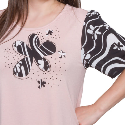 Дамска блуза цвят пудра с ръкави от нежен шифон и апликация от камъчета - еластична материя - разкроена кройка - Пролет - Лято - Maxi Market