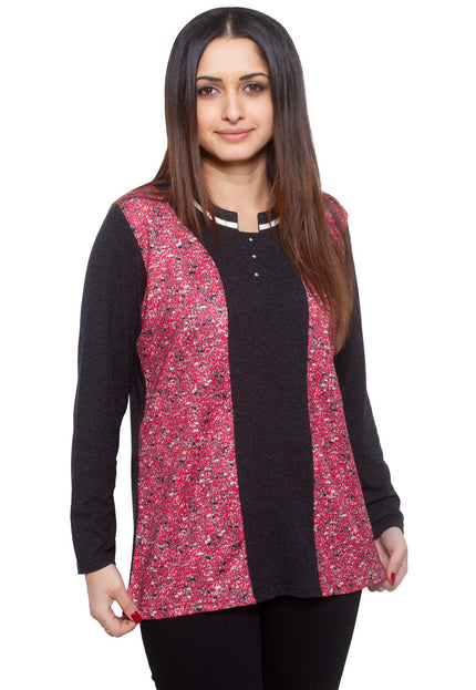 Дамска блуза в макси размери - тъмносива с флорален десен - комфортна вискоза и еластан - права кройка с кръгло деколте - идеална за есен - зима - Maxi Market