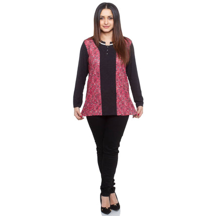 Дамска блуза в макси размери - тъмносива с флорален десен - комфортна вискоза и еластан - права кройка с кръгло деколте - идеална за есен - зима - Maxi Market