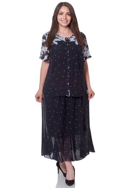 Дамска официална рокля в тъмносин цвят с флорални мотиви - комфорт и елегантност в макси размери - идеална за пролет и лято - произведено в България - Maxi Market