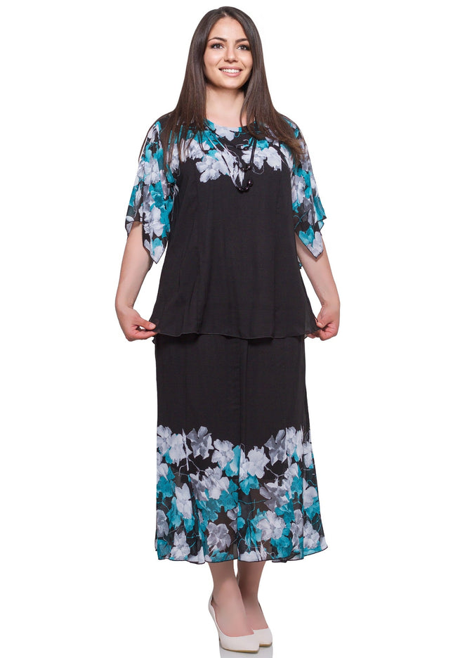 Дамска пола и блуза от шифон в черно с флорални мотиви - Официален комплект в макси размери - Пролет - Лято - Maxi Market