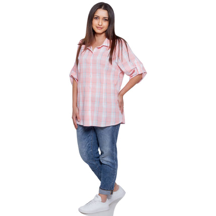Дамска риза в макси размери - Каре пудра - Пролет - Лято - Еластичен памук - Произведено в България - Maxi Market