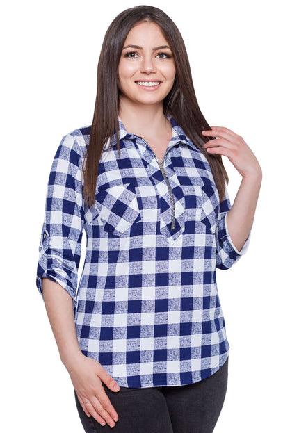 Дамска риза в макси размери - синя - абстрактен десен - официална - всесезонна - еластична - произведено в България - Maxi Market