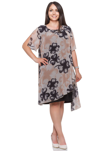 Дамска рокля от шифон в бежово - Флорален десен - Официална - Пролет - Лято - Макси размери - Maxi Market