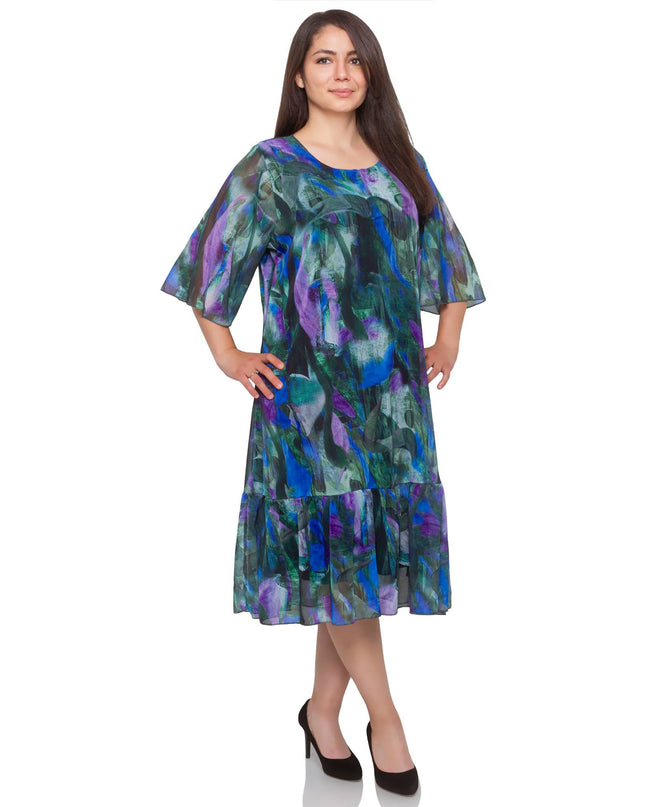 Дамска рокля с шифон - Преливащи тонове - Еластична подплата - 2XL - 3XL - Пролет - Лято - Maxi Market