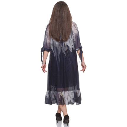 Дамска рокля в макси размери - тъмносиня с абстрактен десен - деколте лодка - под коляното - еластична - Пролет - Лято - Maxi Market