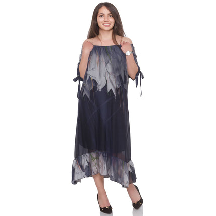 Дамска рокля в макси размери - тъмносиня с абстрактен десен - деколте лодка - под коляното - еластична - Пролет - Лято - Maxi Market