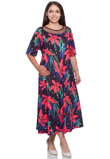 Дамска цветна рокля с флорален десен - макси размери - до глезена - еластична - произведено в България - Maxi Market