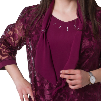 Дамски комплект рокля и сако в бордо - Абстрактен модел - Еластичен вискозен материал - Пролет - Лято - Официален - в макси размери - Maxi Market
