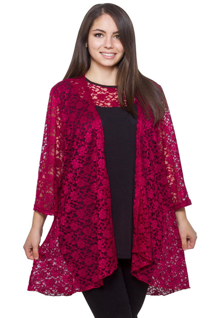 Дамски комплект сако и топ в бордо - макси размери - флорални мотиви - официален стил - всесезонен - Maxi Market