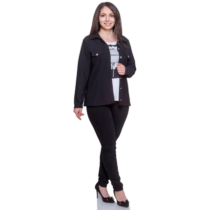 Дамски комплект за официални събития - блуза и сако - черен - 100% полиестер - в макси размери - Maxi Market