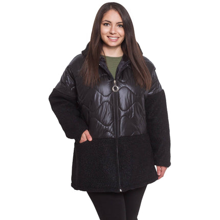 Дамско яке с цип в черно - Геометричен модел - Официално - Макси размери - Есен - Зима - Maxi Market