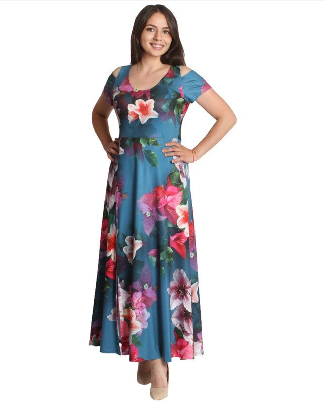 Дълга рокля с красиви цветя - Открити рамене - 3XL, 4XL - Пролет - Лято - Maxi Market