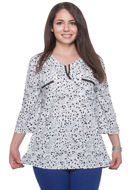 Елегантна бяла блуза с точки в макси размери - V - образно деколте - Пролет - лято - Произведено в България - Maxi Market