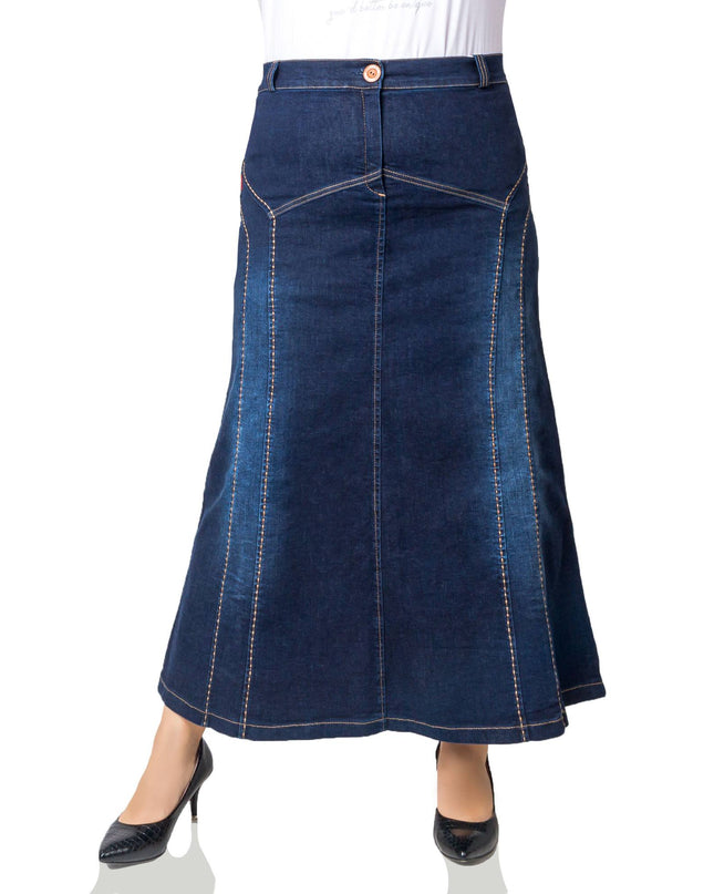 Елегантна дамска пола в макси размери - тъмносин цвят - произведено в България - с копчета и джобове - памук с еластан - Maxi Market