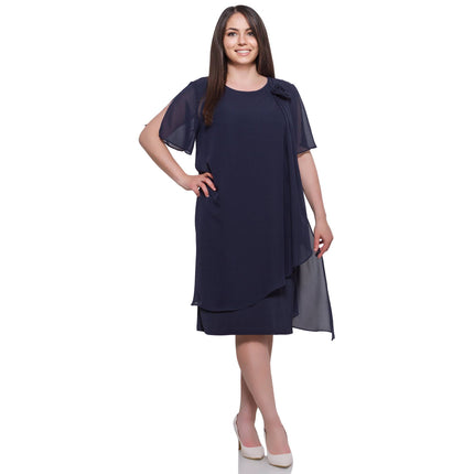 Елегантна дамска рокля в тъмносин цвят - под коляното - макси размери - пролет - лято - Maxi Market