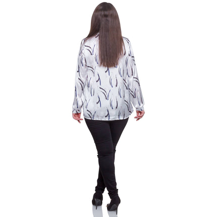 Елегантна сатенена риза в макси размери - Бял абстрактен модел - Полиестерен сатен - Официална - Произведено в България - Maxi Market