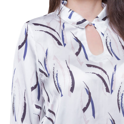 Елегантна сатенена риза в макси размери - Бял абстрактен модел - Полиестерен сатен - Официална - Произведено в България - Maxi Market