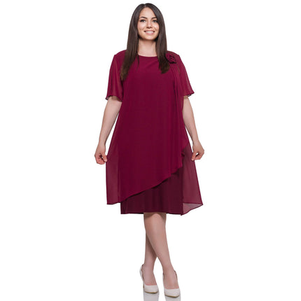 Елегантна шифонена дамска рокля в бордо - до коляното - в макси размери - идеална за пролет и лято - произведено в България - Maxi Market