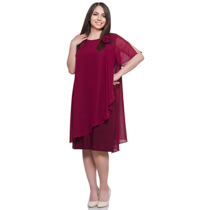 Елегантна шифонена дамска рокля в бордо - до коляното - в макси размери - идеална за пролет и лято - произведено в България - Maxi Market