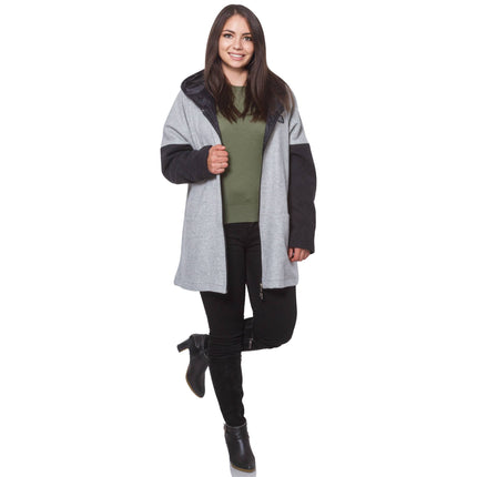 Есенно - зимно дамско яке в макси размери - топло и стилно - леко сиво - 70% вълна 30% полиамид - с цип и джобове - направено в България - Maxi Market