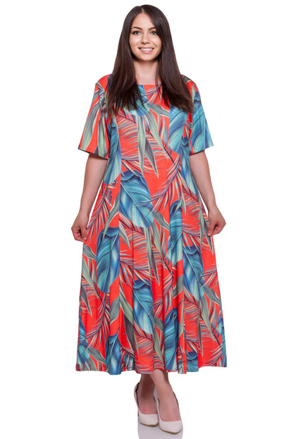 Официална дамска рокля в макси размери - с принт на растения и дървета - 100% полиестер - произведена в България - Maxi Market