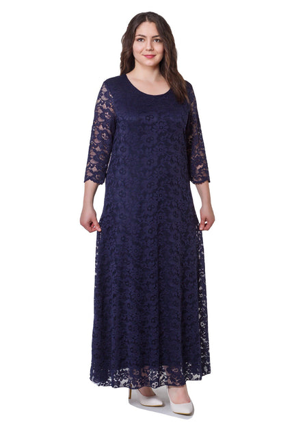 Официална тъмносиня дамска рокля в макси размери - флорален модел - кръгло деколте - дължина до глезена - всесезонна - Maxi Market