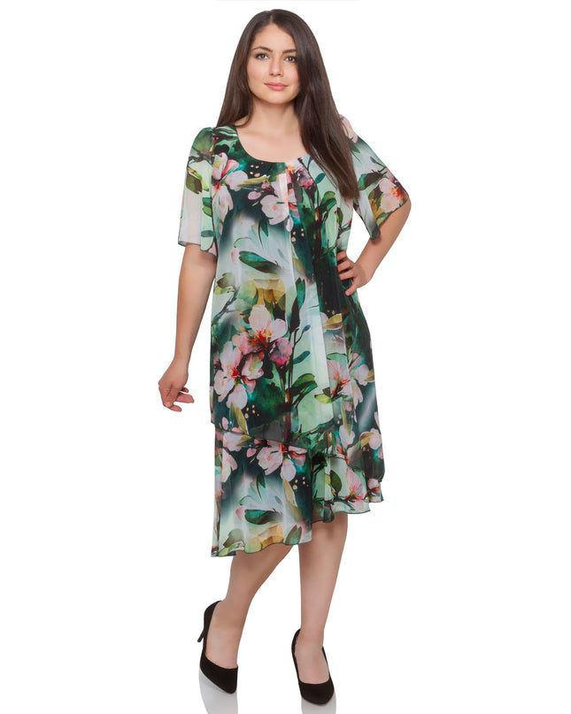 Пъстра шифонена рокля - Еластична подплата - 2XL до 5XL - Пролет - Лято - Maxi Market