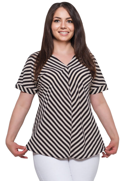Раирана официална риза в бежово - размери XL до 5XL - пролет/лято - еластична вискоза - V - образно деколте - произведено в България - за дами в макси размери - Maxi Market