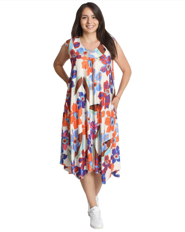 Разкроена дамска рокля на цветя - Без ръкави - 3XL, 4XL - Пролет - Лято - Maxi Market