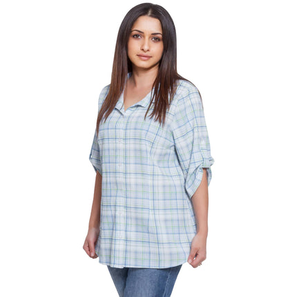 Синя карирана дамска риза в макси размери - Пролет - Лято - Ежедневна - Еластична - Произведено в България - Maxi Market