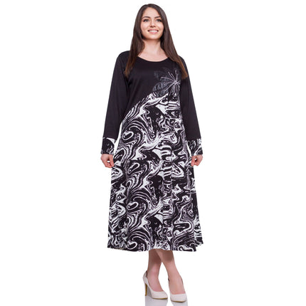Тъмна дамска рокля в макси размери - абстрактен десен - кръгло деколте - официална - есен - зима - еластична - произведено в България - Maxi Market
