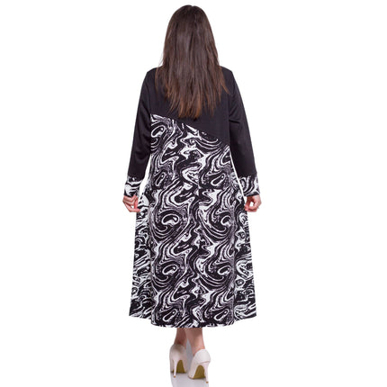 Тъмна дамска рокля в макси размери - абстрактен десен - кръгло деколте - официална - есен - зима - еластична - произведено в България - Maxi Market
