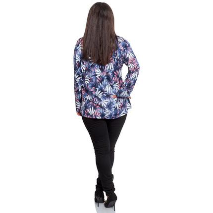 Тъмносиня дамска риза в макси размери - Флорален десен - V - образно деколте - Есен - Зима - Произведено в България - Maxi Market