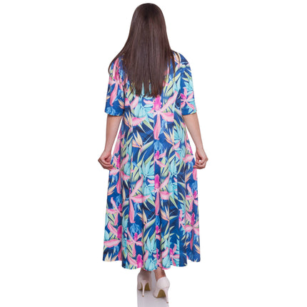 Цветна дамска рокля в макси размери - десен растения и дървета - елегантно деколте тип лодка - идеална за официални събития - подходяща за всички сезони - Maxi Market
