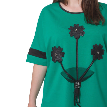 Зелена дамска блуза с апликация на цветя - флорален десен - еластична и удобна - Пролет - Лято - Произведено в България - Maxi Market